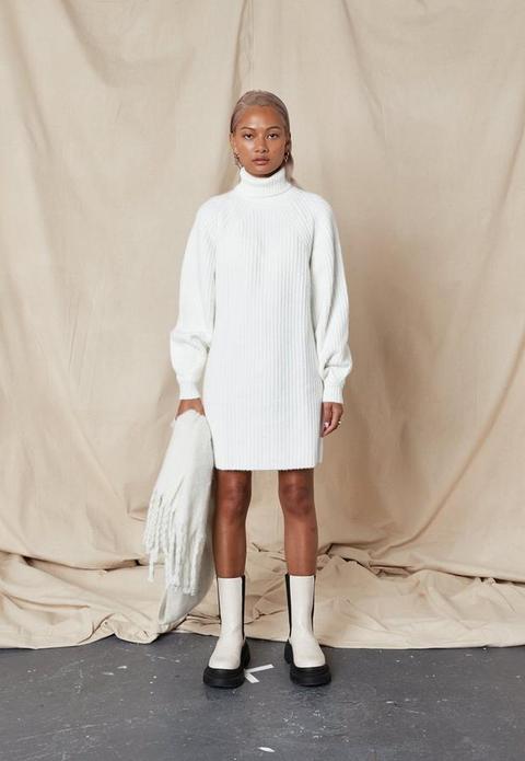 Recycled White Tuck Sleeve Roll Neck Knit Dress, White