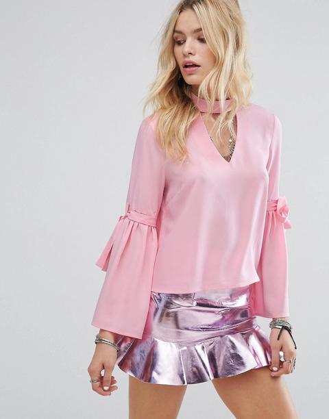 Glamorous - Top A Maniche Lunghe Con Laccetti E Cut-out Con Collarino - Rosa