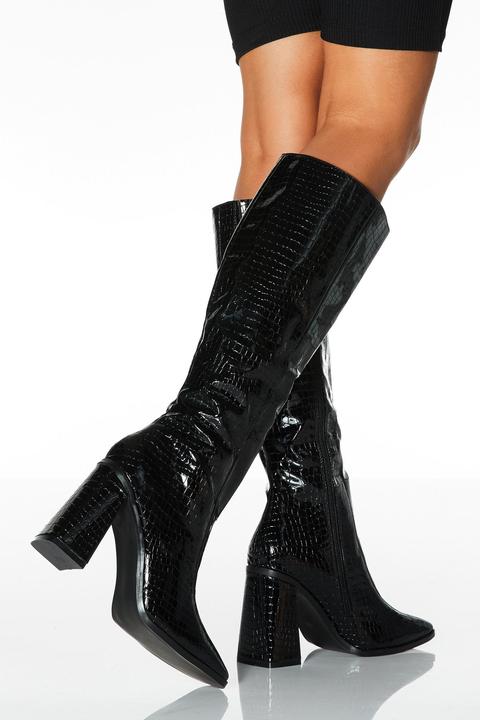 Black Crocodile Effect Square Toe Knee High Boots