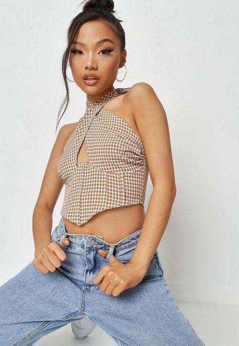 Brown Gingham Cross Front Halterneck Corset Crop Top, Brown