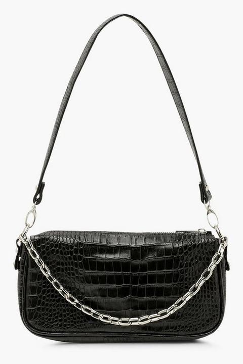 Womens Chain Detail Croc Shoulder Bag - Black - One Size, Black