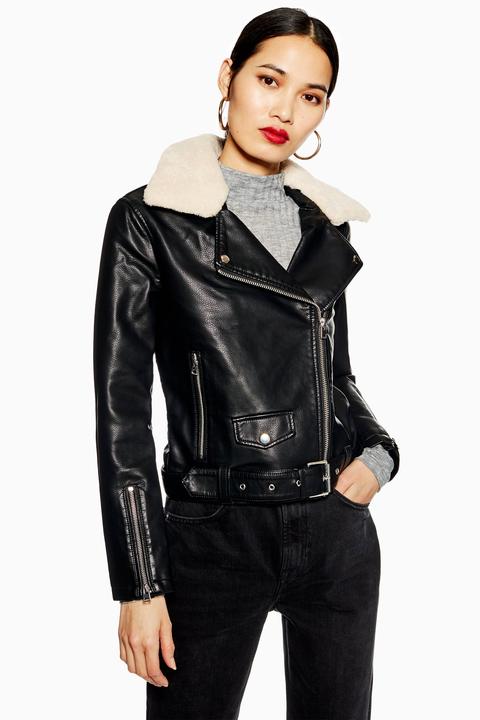 Womens Petite Borg Collar Faux Leather Biker Jacket - Black, Black