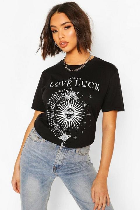 Womens Love Luck Slogan Print T-shirt - Black - S, Black