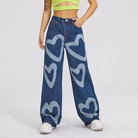 High Waist Heart Print Wide Leg Jeans