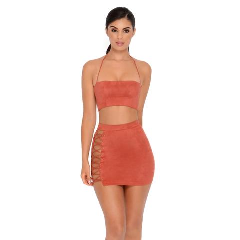 Straight Laced Suede Tie Up Two Piece In Brick Red