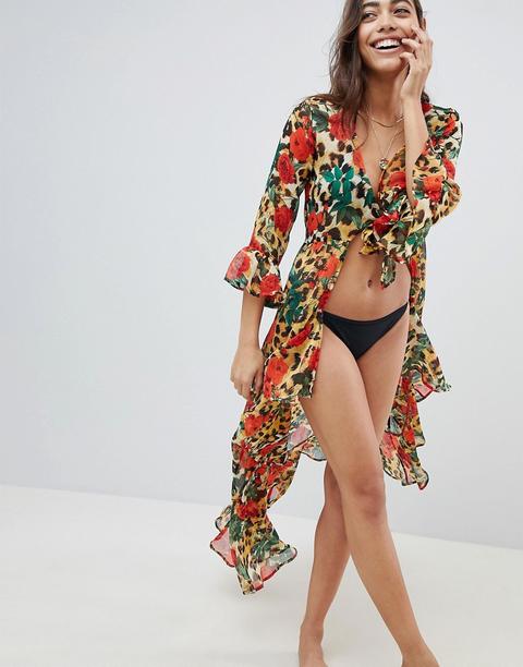 Asos Design Animal Rose Print Tie Front Beach Kimono