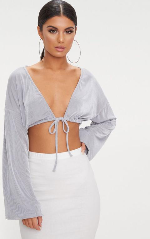 Ice Grey Slinky Drawstring Blouson Sleeve Crop Top, Ice Grey