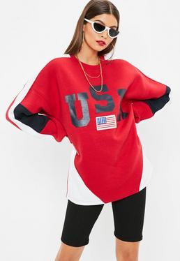 Rot Colour Block Sweatshirt Mit Usa-grafik