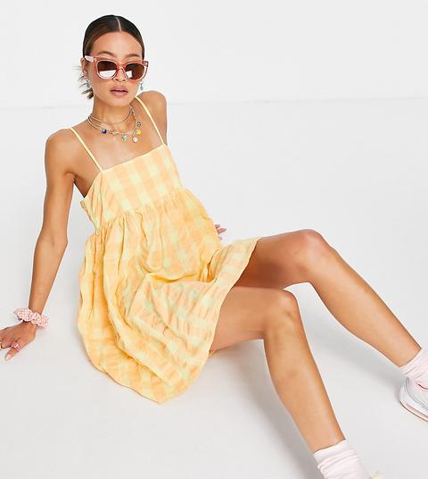 Collusion Gingham Seersucker Trapeze Mini Sundress In Orange And Yellow-multi