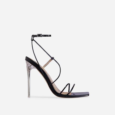 Nights Strappy Square Toe Clear Perspex Heel In Black Faux Leather, Black