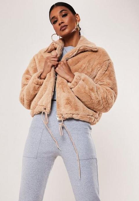 Camel Cropped Faux Fur Bomber Jacket, Camel