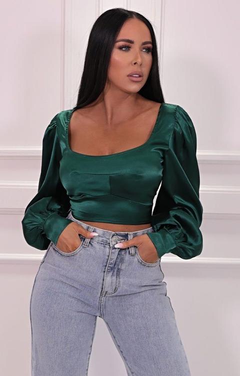 green satin crop top