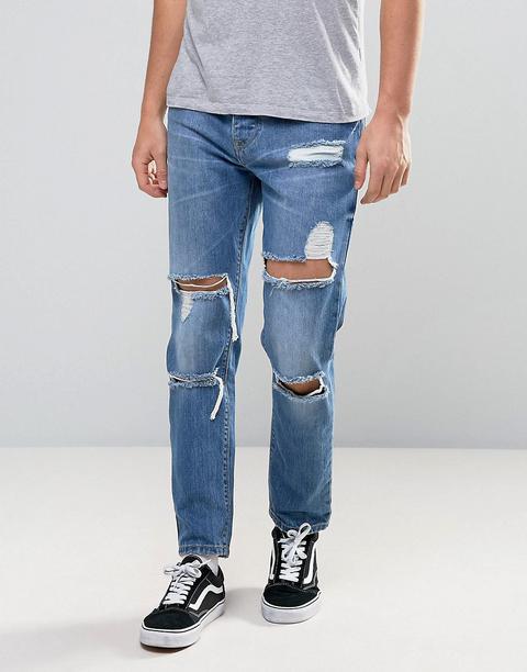 Asos - Jeans Slim Alla Caviglia Con Strappi Grandi Blu Medio - Blu