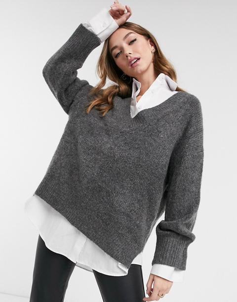 Asos Design Oversized Jumper With V Neck In Charcoal-grey