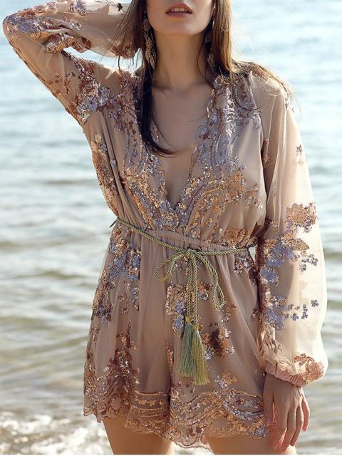 Sequins Plunging Neck Long Sleeve Waisted Romper