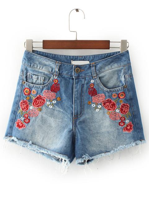 Shorts Con Bordado De Flor En Denim - Azul