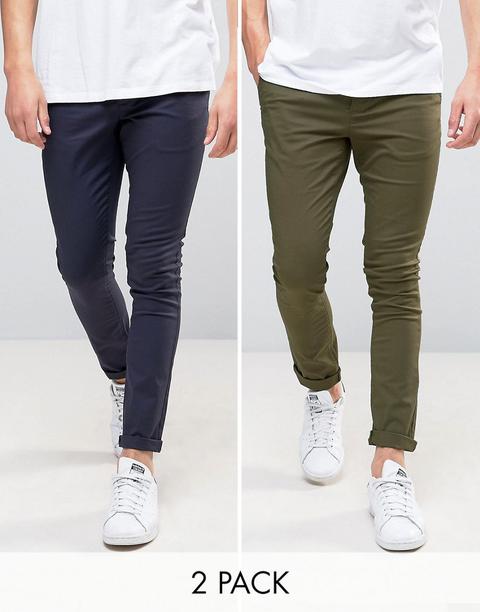 Asos - Confezione Da 2 Chino Super Skinny Kaki E Blu Navy - Risparmia - Multicolore