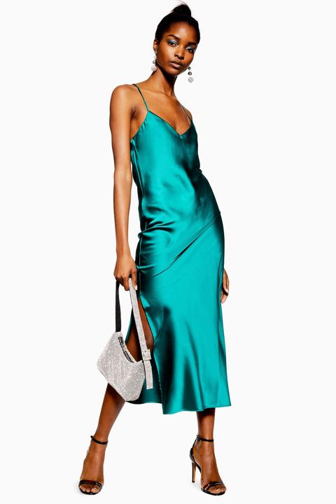 Womens Plain Satin Slip Dress - Green, Green