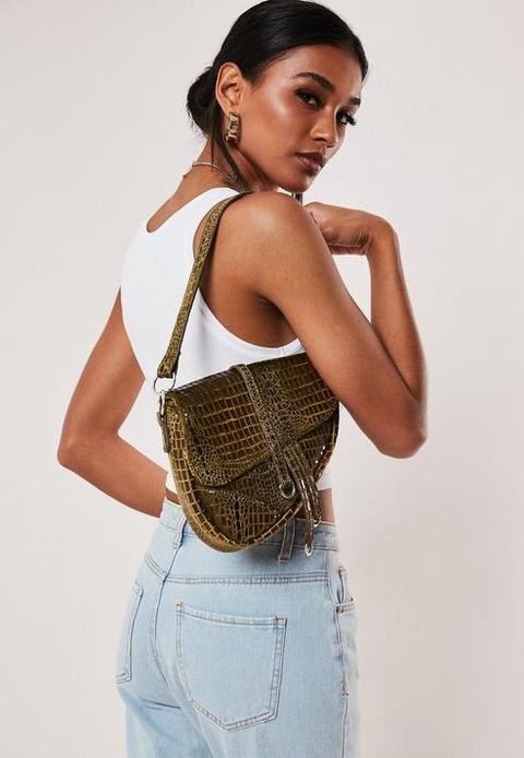 Green Faux Leather Textured Saddle Bag, Green