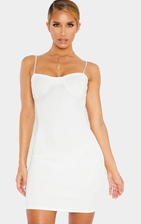 White Strappy Ribbed Cup Detail Bodycon Dress, White