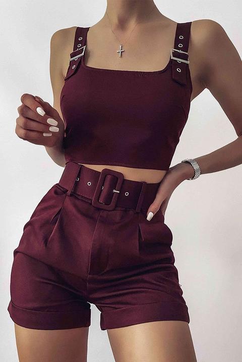 Burgundy Belted High Waisted Shorts , Red