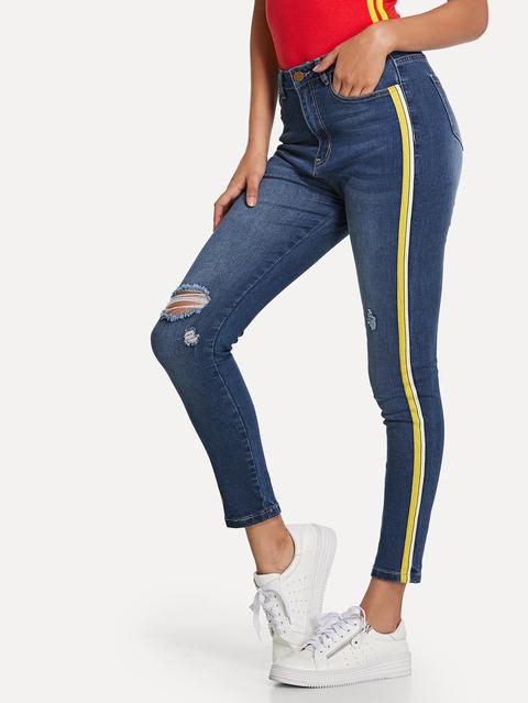 Jeans A Righe Strappati