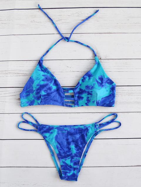 Set Bikini Halter Con Abertura - Azul