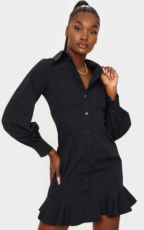 Tall - Robe Chemise Noire À Détail Volanté, Noir