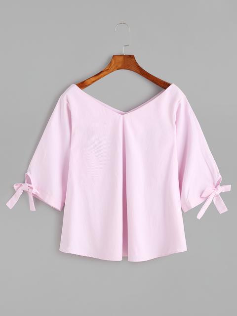 Blusa Con Cuello En V De Manga Con Cordón - Rosa