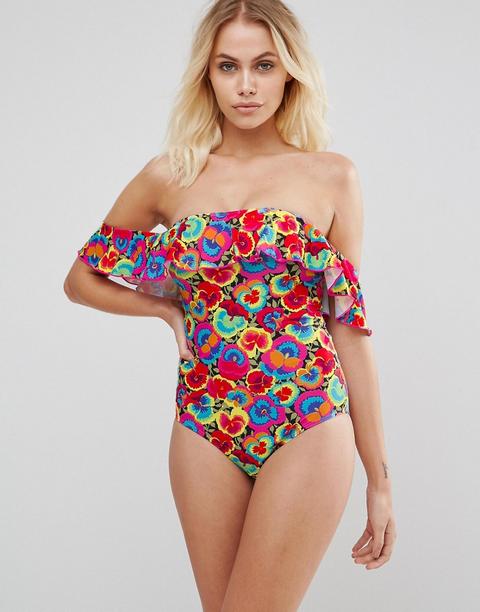 Warehouse Pansy Pop Bardot Swimsuit - Multi