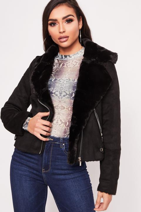 Mona Black Faux Suede Biker Jacket