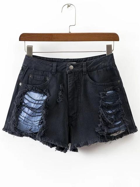 Nero A Strisce Strappato Shorts Dettaglio