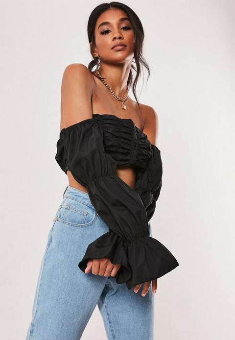 Black Bardot Ruched Crop Top, Black