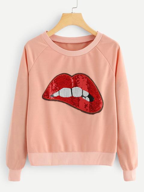 Sequin Lip Patch Raglan Sleeve Sweatshirt