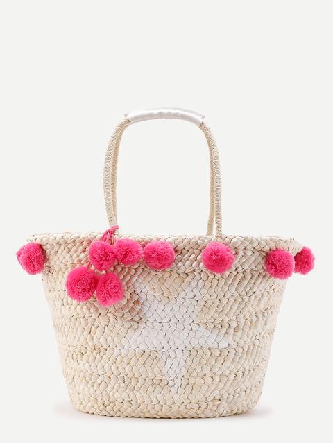 Bolso De Paja Con Pompones