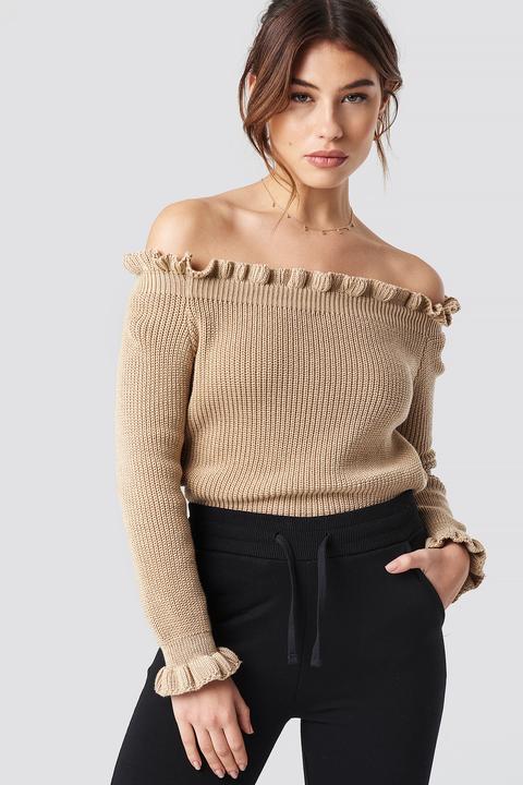 Ruffle Off Shoulder Knitted Sweater Beige