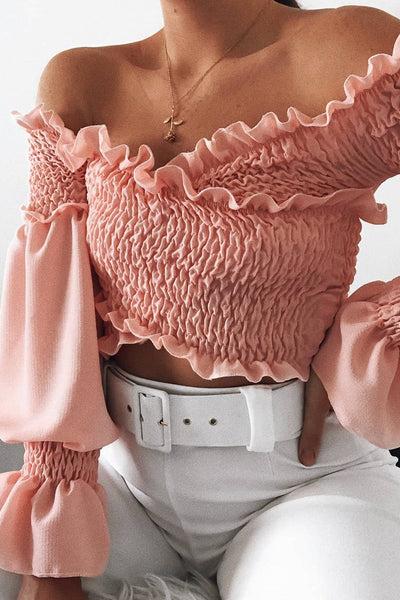 Pink Shirred Wrap Over Bardot Crop Top - Zuri