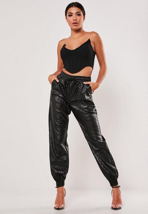 Black Croc Faux Leather Joggers, Black