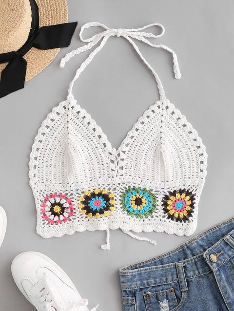 Top Corto In Crochet Con Fiore Lavorato All'uncinetto Zaful White