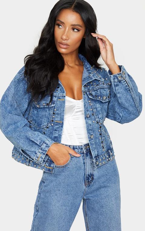 Mid Wash Studded Oversized Denim Jacket