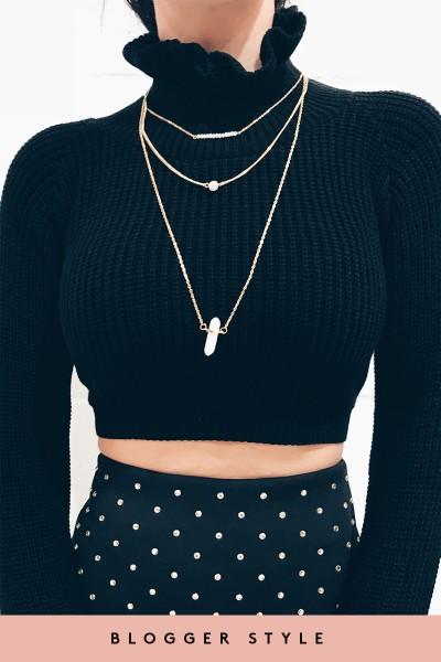 Cordelia Black Ruffle Neck Cropped Knitted Jumper