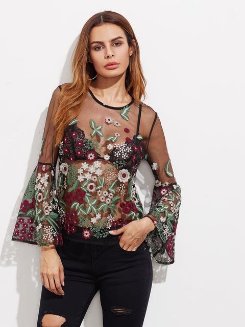 Fluted Sleeve Botanical Embroidered Tulle Top