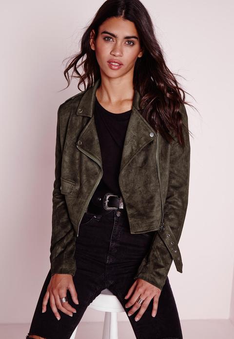 Faux Suede Long Sleeve Biker Jacket Khaki