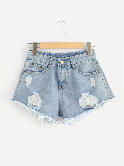 Shorts In Denim Strappati Orlo Grezzo