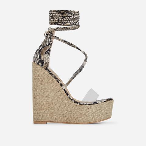 Aliki Perspex Platform Lace Up Espadrille Wedge Block Heel In Nude Snake Print Faux Leather, Nude