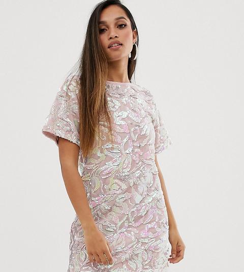 Vestido Estilo Camiseta Con Lentejuelas Tornasoladas En Terciopelo Rosa De Flounce London Petite-multicolor