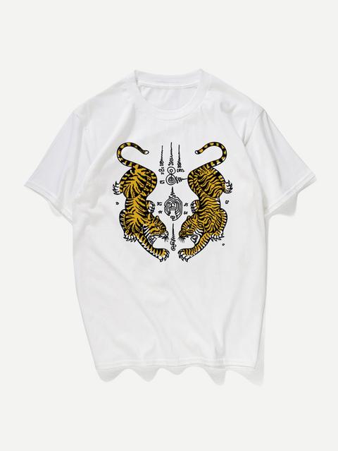 Camiseta De Hombres De Puño Doblado Con Estampado De Tigre