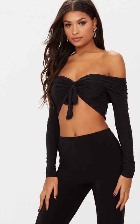 Black Slinky Knot Front Bardot Longsleeve Crop Top