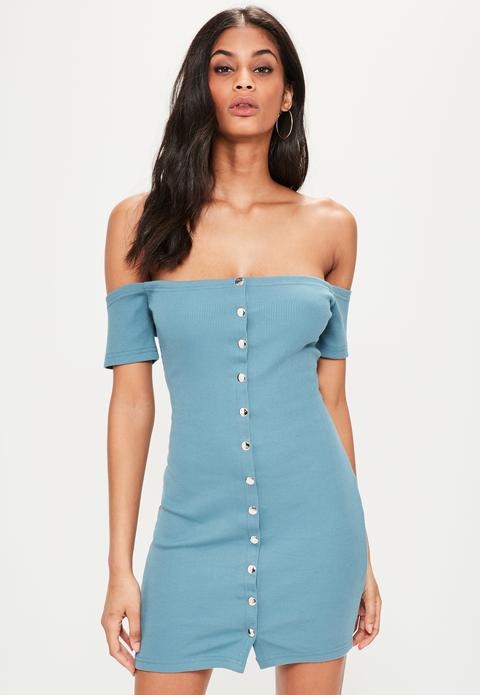 Blue Popper Front Bardot Mini Dress
