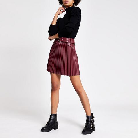 Red Faux Leather Pleated Mini Skirt